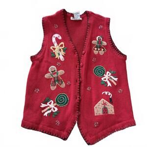 VICTORIA JONES VTG  Red Embroidered Cotton Christmas Holiday sweater Vest SZ M
